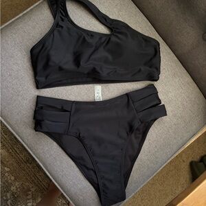 Black Strappy High-Waist Bikini Set - Women Swim